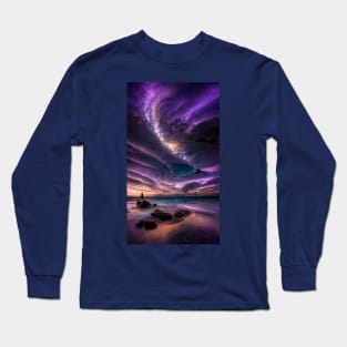 Milky way at night sky above ocean shore Long Sleeve T-Shirt